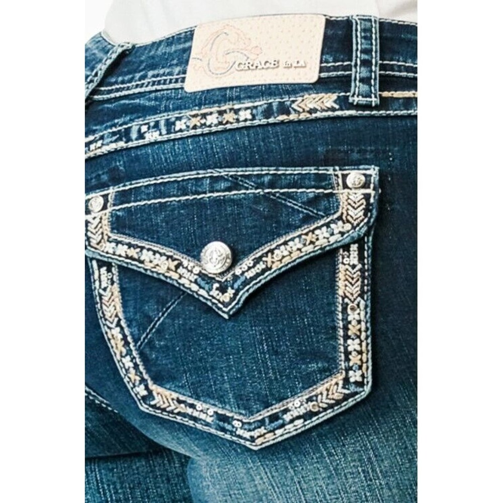 Grace in LA Women's Dark Blue Embroidered Pocket Jeans